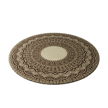 Ortasında beyaz bir daire olan yuvarlak bir halı. Halı kahverengi ve bir deseni var.