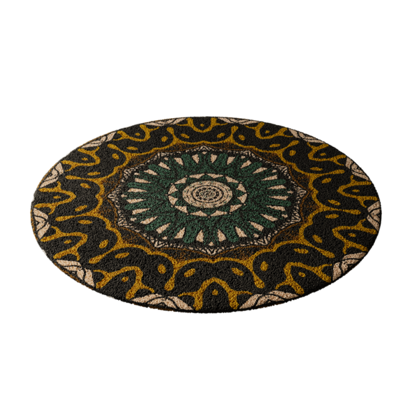 Dairesel ve kare şeklinde yuvarlak bir halı. Halı siyah, sarı ve yeşil olmak üzere çeşitli renklerden yapılmıştır.