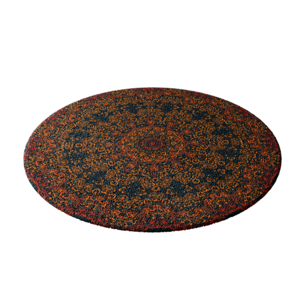 Kare ve dairelerden oluşan renkli bir halı. Halı beyaz arka planda. Halı çeşitli renklerden yapılmıştır ve eşsiz bir tasarımı vardır.