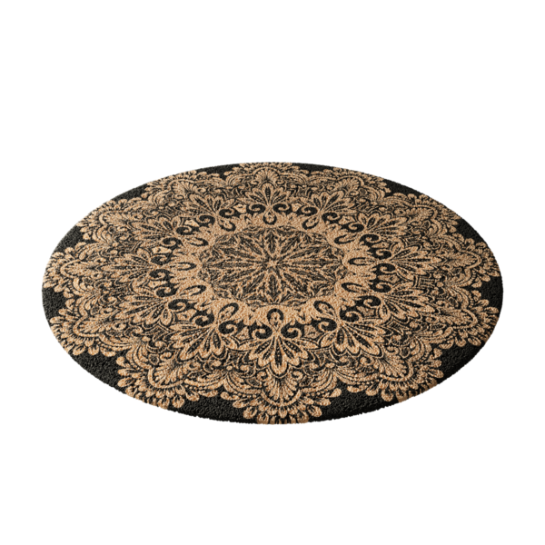 Çiçek desenli siyah ve kahverengi bir halı. Halı yuvarlaktır ve kahverengi bir sınırı vardır.