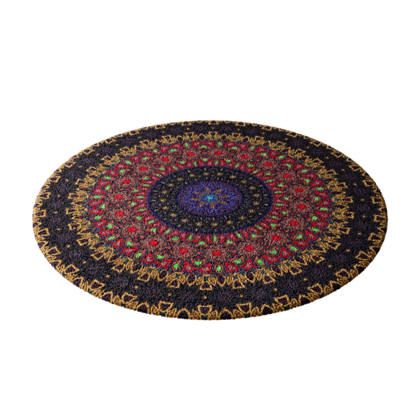 Çiçek ve yıldız desenli renkli bir halı. Halı yuvarlaktır ve altın ve siyah bir rengi vardır.
