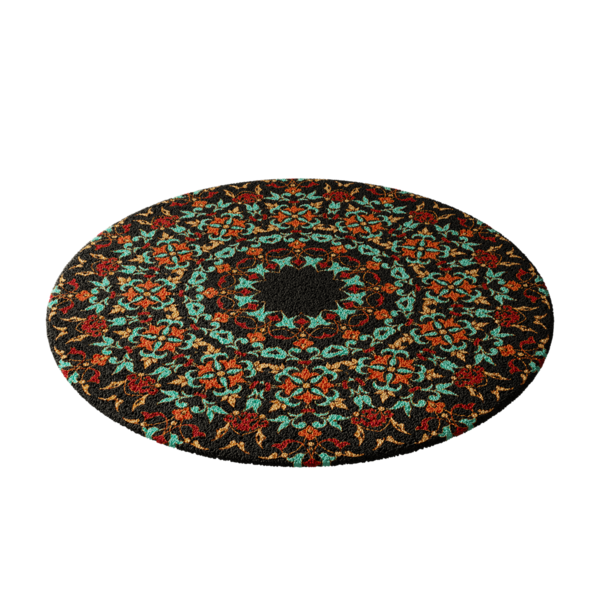 Siyah merkezli renkli bir halı. Halı daireseldir ve çiçek ve yapraklardan oluşan bir deseni vardır.