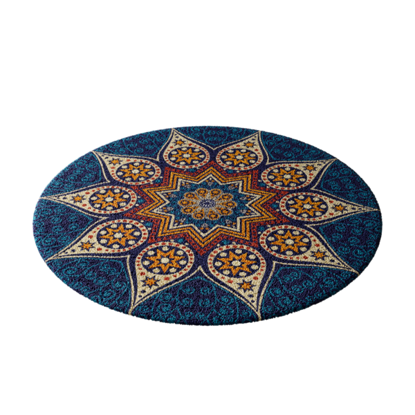 Yıldız desenli mavi ve sarı bir halı. Yıldız mavi bir daire ile çevrilidir. Halı beyaz arka planda.