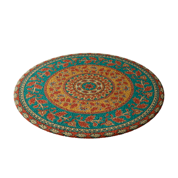 Mavi merkezli, turuncu ve sarı kenarlı renkli bir halı. Halı yuvarlaktır ve çiçek ve yapraklardan oluşan bir deseni vardır.