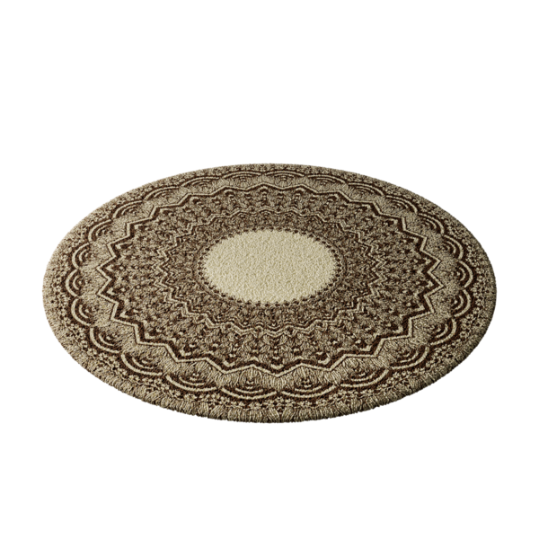 Ortasında beyaz bir daire olan yuvarlak bir halı. Halı kahverengi ve bir deseni var.