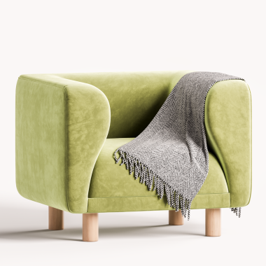 Üzerinde beyaz bir battaniye olan yeşil bir sandalye. Sandalye beyaz bir arka planda oturuyor.