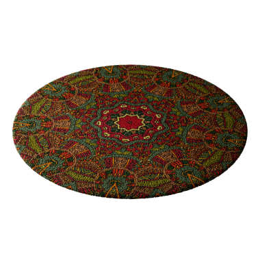 Çiçek ve yaprak desenli renkli bir halı. Halı yuvarlaktır ve kırmızı bir merkezi vardır.