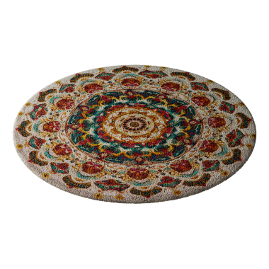 Çiçek ve yaprak desenli renkli bir halı. Halı beyaz, altın ve yeşil renkte.