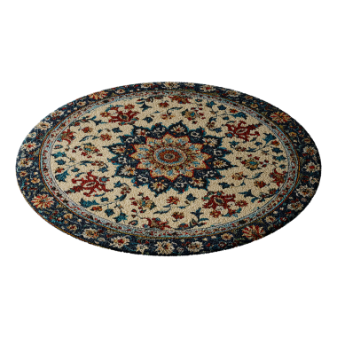 Mavi ve kırmızı desenli yuvarlak bir halı. Halı beyaz ve mavi ve kırmızı bir çiçek deseni var.