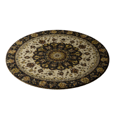 Siyah beyaz dizaynlı büyük yuvarlak bir halı. Halı boncuktan yapılmış gibi görünen bir maddeden yapılmış.