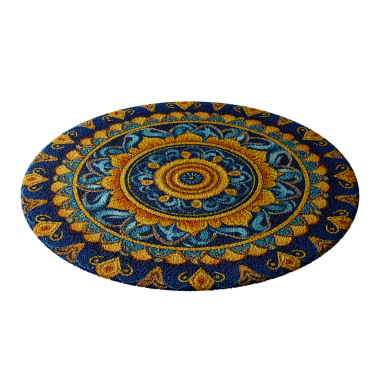 Çiçek ve yaprak dizaynlı mavi ve sarı bir halı. Halı yuvarlaktır ve mavi ve sarı renktedir.