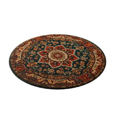 Üzerinde çiçek deseni olan yuvarlak bir halı. Halı mavi ve kırmızı. Beyaz bir arka planda.