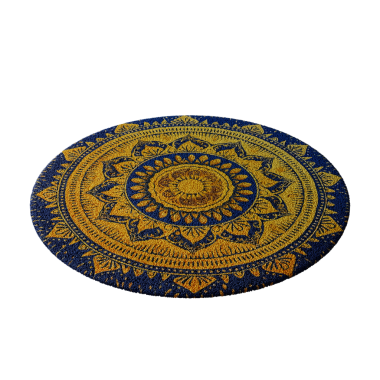 Güneş desenli mavi ve sarı bir halı. Halı yuvarlaktır ve altın bir sınırı vardır.