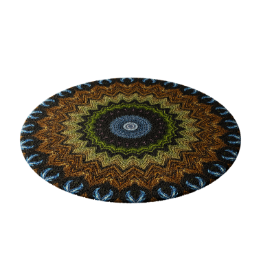 Mavi kenarlı, yeşil ve kahverengi kenarlı renkli bir halı. Halı yuvarlaktır ve farklı renkte bir deseni vardır.