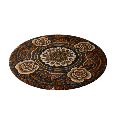 Üzerinde çiçek deseni olan yuvarlak bir halı. Halı kahverengi ve siyah bir kenarı var.