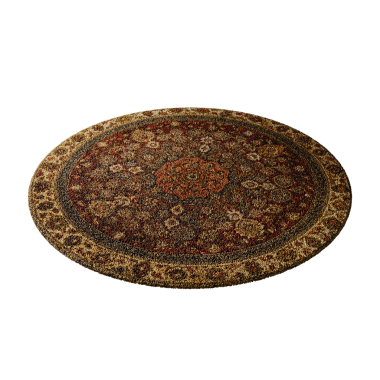 Çiçek ve yaprak desenli yuvarlak bir halı. Halı kahverengi ve bronzlaşmış.