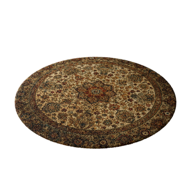 Çiçek ve yaprak desenli bir halı beyaz arka plandadır. Halı ovaldir ve kahverengi renktedir.