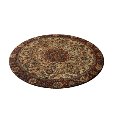 Çiçek ve yaprak desenli yuvarlak bir halı. Halı kahverengi ve bronzlaşmış.