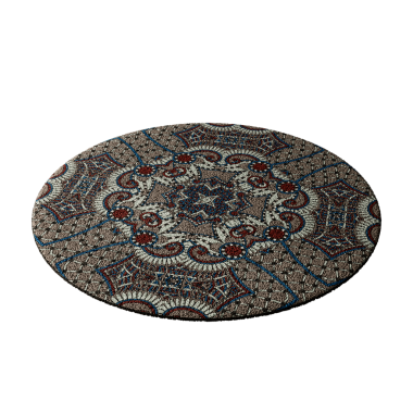 Yuvarlak bir halı, içinde çiçekler ve girdaplar var. Halı kahverengi ve beyaz. Beyaz bir arka plana yerleştirilir.