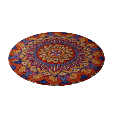 Çiçek desenli renkli bir halı. Halı turuncu ve mavi. Odada olması için güzel bir halı.