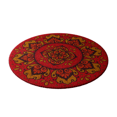 Çiçek desenli kırmızı ve sarı bir halı. Halı yuvarlaktır ve çok detay içerir.
