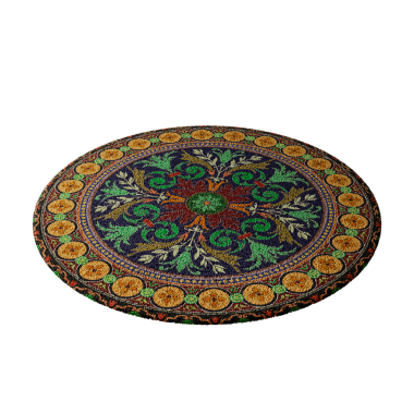 Yeşil ve sarı desenli renkli bir halı. Halı yuvarlaktır ve çiçek ve yapraklardan oluşan bir deseni vardır.