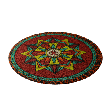 Üzerinde yıldız tasarımı olan renkli bir halı. Halı kırmızı ve mavi ve yeşil bir sınırı var.