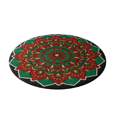 Üzerinde çiçek deseni olan renkli bir halı. Halı yeşil aksanlı siyah ve kırmızı.