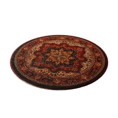 Beyaz arka planda çiçek desenli bir halı ve bir yıldız var. Halı yuvarlaktır ve kahverengi ve siyah renktedir.