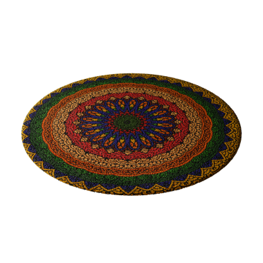 Çiçek desenli renkli bir halı. Halı farklı renkte boncuklardan yapılmıştır ve dairesel bir şekli vardır.