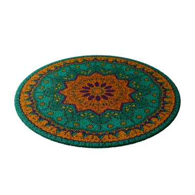 Çiçek ve yaprak desenli renkli bir halı. Halı yeşil ve kahverengi.