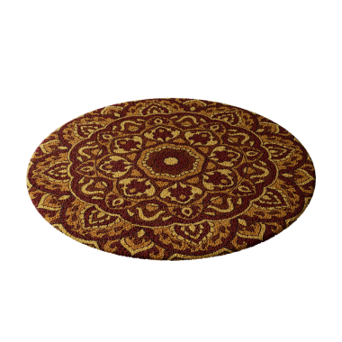 Çiçek ve yaprak desenli yuvarlak bir halı. Halı kahverengi ve turuncu. Beyaz bir arka plana yerleştirilir.