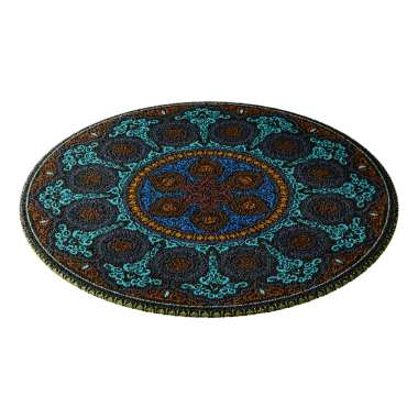 Çiçek desenli mavi ve kahverengi bir halı. Halı yuvarlaktır ve mavi bir ortası vardır.