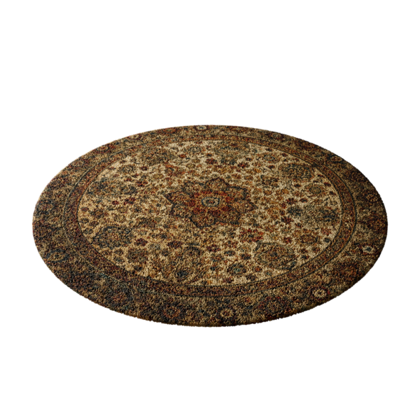 Çiçek ve yaprak desenli bir halı beyaz arka plandadır. Halı ovaldir ve kahverengi renktedir.