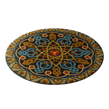 Mavi ve kahverengi desenli yuvarlak bir halı. Halı beyaz arka planda. Halıda çiçek ve yaprak deseni var.