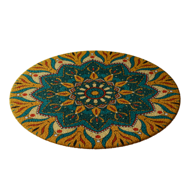 Çiçek desenli mavi ve sarı bir halı. Halı yuvarlaktır ve mavi bir ortası vardır.