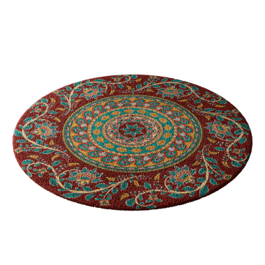 Çiçek desenli kırmızı ve yeşil bir halı. Halı yuvarlaktır ve yapraklardan ve çiçeklerden oluşan bir deseni vardır.