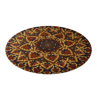 Çiçek ve yaprak desenli yuvarlak bir halı. Halı kahverengi ve kırmızıdır. Beyaz bir arka plana yerleştirilir.