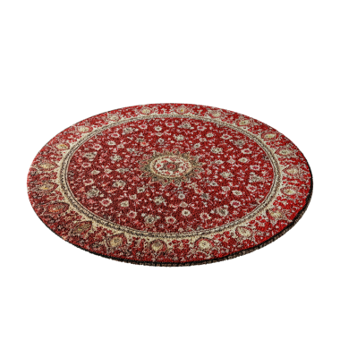 Çiçek ve yaprak desenli kırmızı bir halı. Halı yuvarlaktır ve altın ve beyaz bir tasarımı vardır.