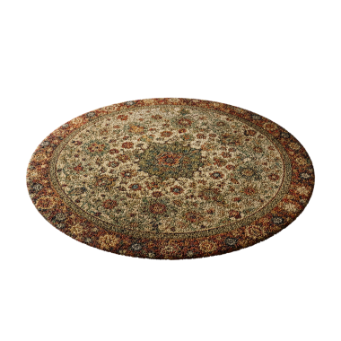 Çiçek ve yaprak desenli büyük bir halı. Halı kahverengi ve beyaz. Beyaz bir arka plana yerleştirilir.