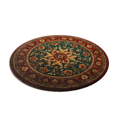 Mavi ve kırmızı desenli yuvarlak bir halı. Halı beyaz arka planda. Halı çok parlak olmayan bir maddeden yapılmıştır.