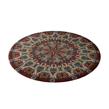 Çiçek ve yaprak desenli yuvarlak bir halı. Halı kırmızı ve kahverengidir. Odada olması için güzel bir halı.