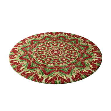Yeşil ve kırmızı desenli renkli bir halı. Halı yuvarlaktır ve çiçek ve yapraklardan oluşan bir deseni vardır.