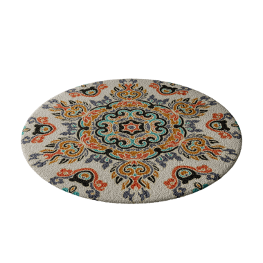 Çiçek ve yaprak desenli yuvarlak bir halı. Halı beyaz ve mavi ve turuncu bir tasarımı var.