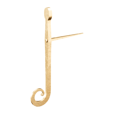 Beyaz arka planda altın harfli bir J harfi gösteriliyor. Mektup kıvrılmış ve ucu sivri.