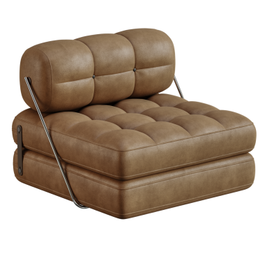 Metal çerçeveli kahverengi deri bir sandalye beyaz arka planda sergilenir. Sandalye yüksek kaliteli deriden yapılmıştır ve parlak, modern bir tasarıma sahiptir. Metal çerçeve zarafet katıyor.