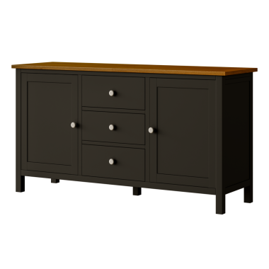 Kahverengi kapaklı siyah ahşap bir dolap. Dolabın üç çekmecesi ve ahşap bir üstü var.