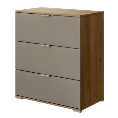 Kahverengi ahşap bir dolap ve üç çekmece. Dolap ahşaptan yapılmıştır ve gri bir kapağı vardır.