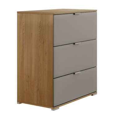 Kahverengi ahşap bir dolap ve üç çekmece. Dolap ahşaptan yapılmıştır ve gri bir kapağı vardır.