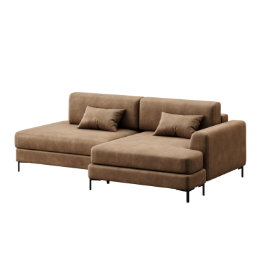 Üzerinde iki yastık olan kahverengi bir kanepe. Kanepe, siyah çerçeveli bir bölüm koltuğu.